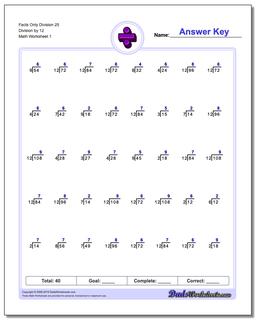 Division Worksheet Facts Only 25 by 12