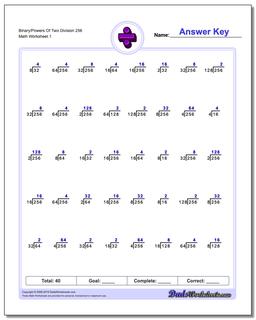 Division Worksheet Binary/Powers Of Two 256