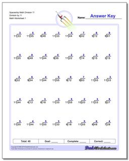 Division Worksheet Spaceship Math 11 by 11