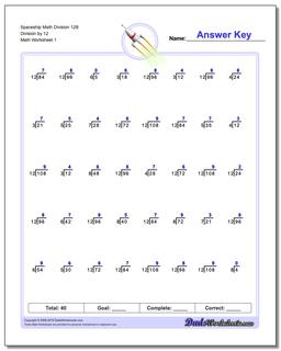 Division Worksheet Spaceship Math 12B by 12