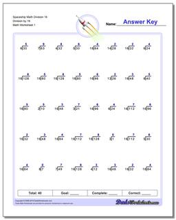 Division Worksheet Spaceship Math 16 by 16