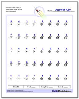Spaceship Math Division Worksheet A Any Number Divided by One