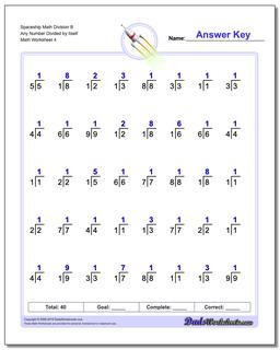 Spaceship Math Division Worksheet B Any Number Divided by Itself