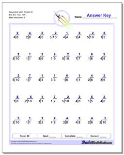 Spaceship Math Division Worksheet D 8/2, 8/4, 10/2, 10/5