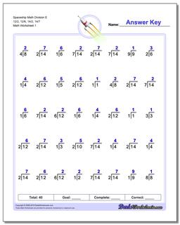 Division Worksheet Spaceship Math E 12/2, 12/6, 14/2, 14/7