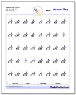 Spaceship Math Division Worksheet F 16/2, 16/8, 18/2, 18/9