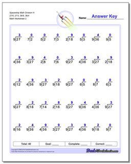 Spaceship Math Division Worksheet H 27/9, 27/3, 36/9, 36/4 /worksheets/division.html