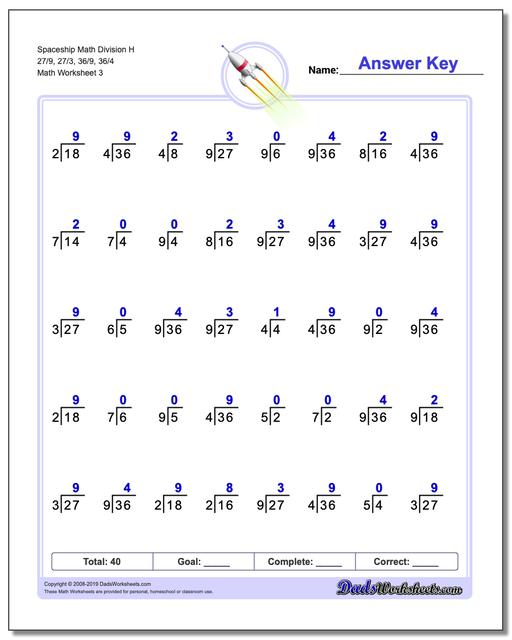 Math Worksheets: Division: Division: Spaceship Math Division H 27/9, 27