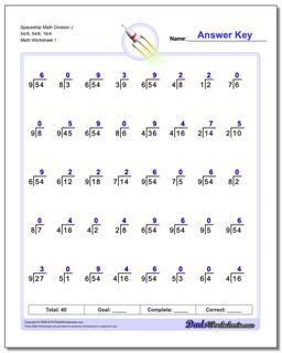 Division Worksheet Spaceship Math J 54/9, 54/6, 16/4
