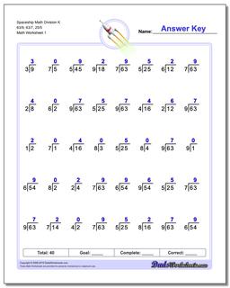 Division Worksheet Spaceship Math K 63/9, 63/7, 25/5