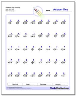 Spaceship Math Division Worksheet K 63/9, 63/7, 25/5