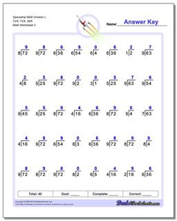 Spaceship Math Division Worksheet L 72/9, 72/8, 36/6 /worksheets/division.html