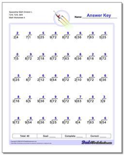 Spaceship Math Division Worksheet L 72/9, 72/8, 36/6