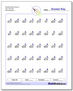 Spaceship Math Division Worksheet N 15/3, 15/5, 64/8