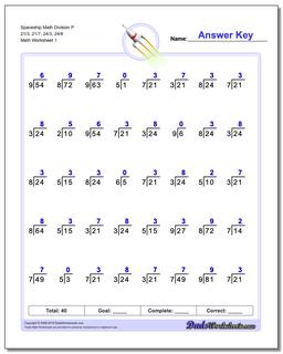 Division Worksheet Spaceship Math P 21/3, 21/7, 24/3, 24/8