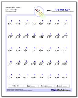 Spaceship Math Division Worksheet P 21/3, 21/7, 24/3, 24/8 /worksheets/division.html