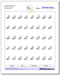 Spaceship Math Division Worksheet P 21/3, 21/7, 24/3, 24/8