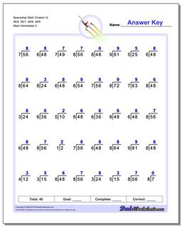 Spaceship Math Division Worksheet Q 56/8, 56/7, 48/8, 48/6