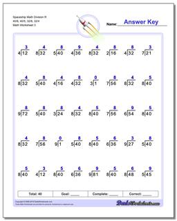 Spaceship Math Division Worksheet R 40/8, 40/5, 32/8, 32/4