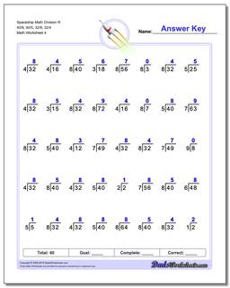 Spaceship Math Division Worksheet R 40/8, 40/5, 32/8, 32/4