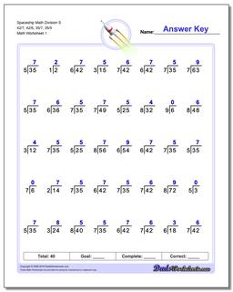 Division Worksheet Spaceship Math S 42/7, 42/6, 35/7, 35/5