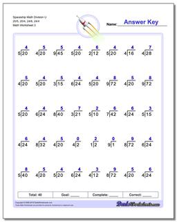 Spaceship Math Division Worksheet U 20/5, 20/4, 24/6, 24/4