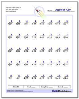 Spaceship Math Division Worksheet U 20/5, 20/4, 24/6, 24/4