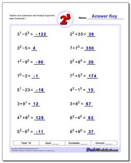 Exponents Worksheet Addition and Subtraction with Multiple