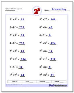Addition Worksheet with Multiple Exponents