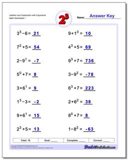 Exponents Worksheet Mixed Addition And Subtraction with