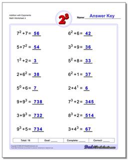Addition Worksheet with Exponents