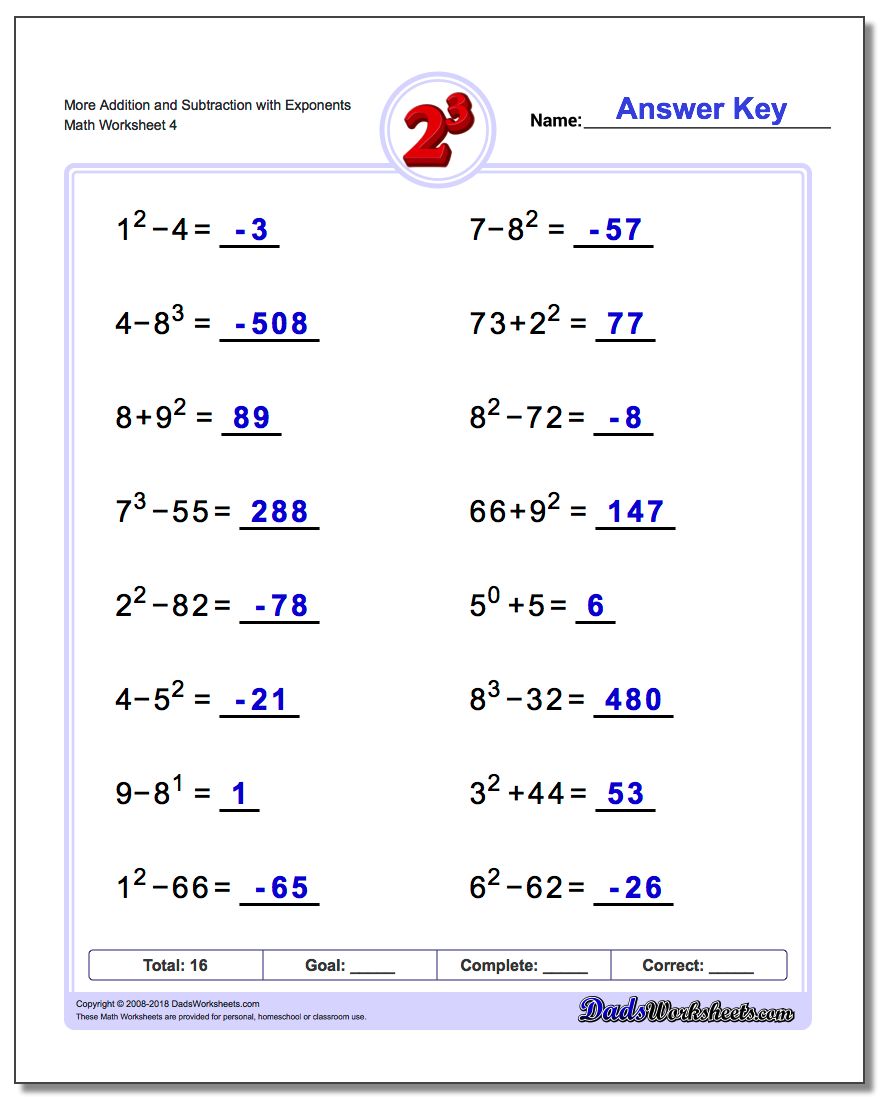 Mixed Addition And Subtraction with Exponents