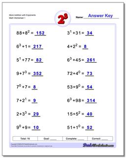 Exponents Worksheet More Addition with