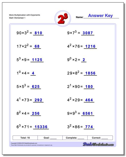 Exponents Worksheets: Multiplication with Exponents