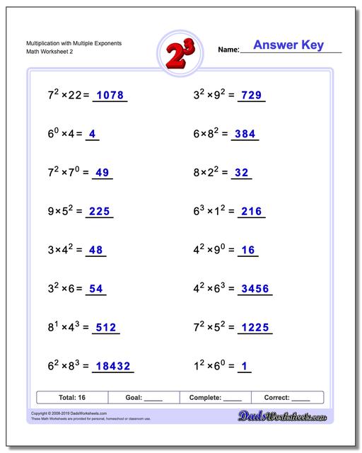 Math Worksheets: Exponents: Exponents: Multiplication with Multiple