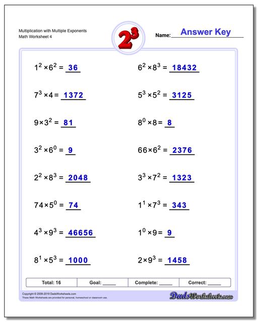 Exponents Worksheets: Multiplication with Exponents