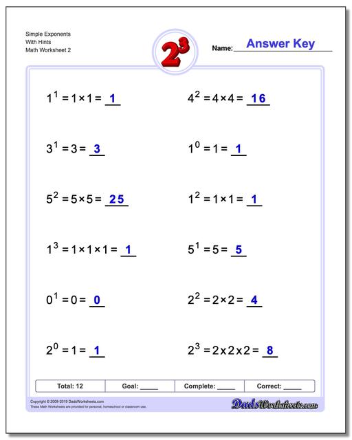 exponents worksheets simple exponents and powers of ten