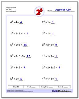Simple Exponents With Hints Worksheet