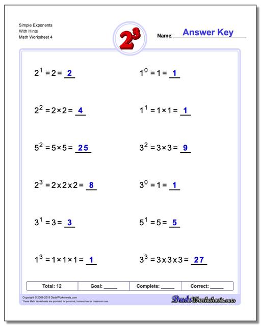 exponents worksheets simple exponents and powers of ten