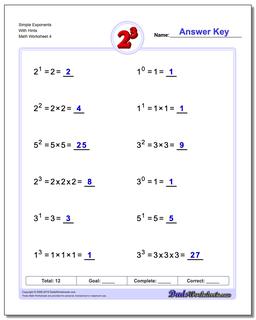 Simple Exponents With Hints Worksheet
