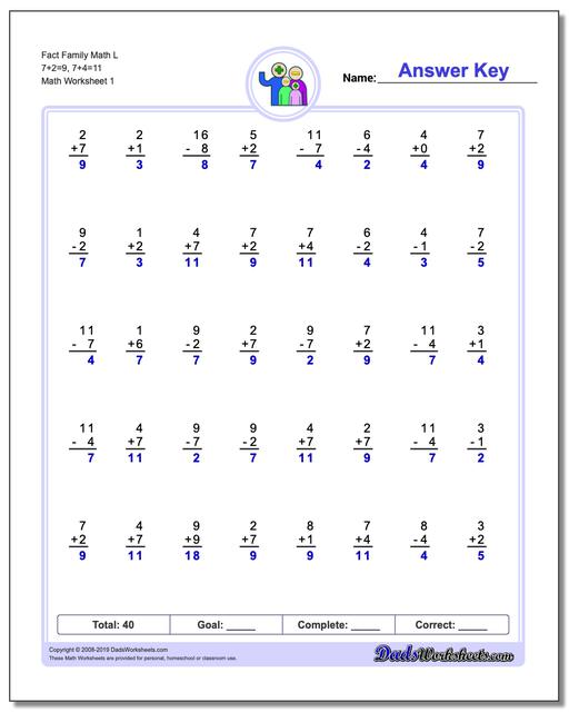 fact family worksheets one minute additionsubtraction