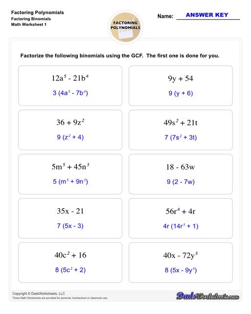 Factoring polynomials using greatest common factor, grouping, binomial factoring and more! Includes specific practice for both quadratic and linear expressions.  Factoring Polynomials Factoring Binomials V1