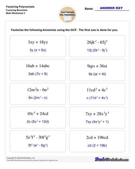 Factoring polynomials using greatest common factor, grouping, binomial factoring and more! Includes specific practice for both quadratic and linear expressions.  Factoring Polynomials Factoring Binomials V2