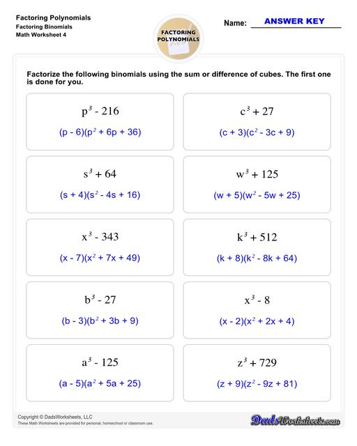Factoring polynomials using greatest common factor, grouping, binomial factoring and more! Includes specific practice for both quadratic and linear expressions.  Factoring Polynomials Factoring Binomials V4