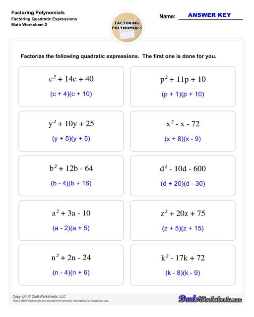 Factoring polynomials using greatest common factor, grouping, binomial factoring and more! Includes specific practice for both quadratic and linear expressions.  Factoring Polynomials Factoring Quadratic Expressions V2