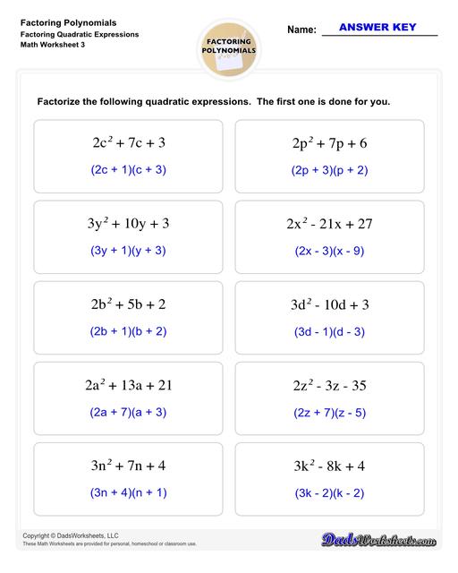 Factoring polynomials using greatest common factor, grouping, binomial factoring and more! Includes specific practice for both quadratic and linear expressions.  Factoring Polynomials Factoring Quadratic Expressions V3