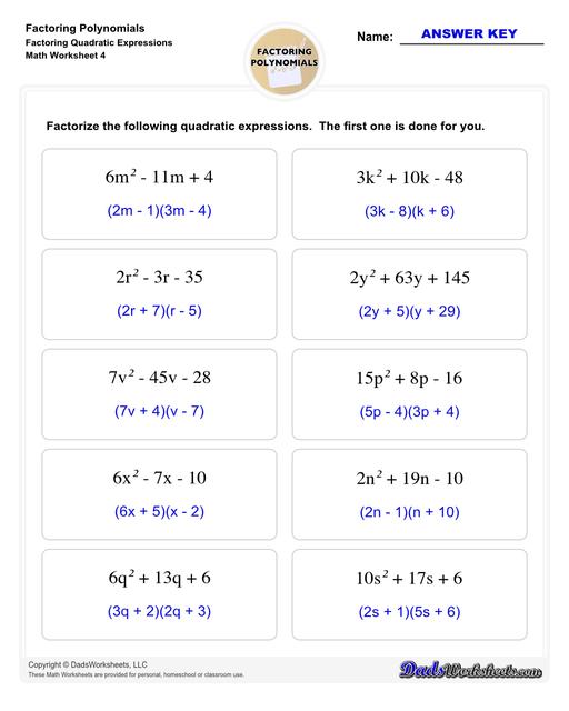Factoring polynomials using greatest common factor, grouping, binomial factoring and more! Includes specific practice for both quadratic and linear expressions.  Factoring Polynomials Factoring Quadratic Expressions V4