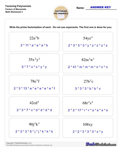 Factoring polynomials using greatest common factor, grouping, binomial factoring and more! Includes specific practice for both quadratic and linear expressions.  Factoring Polynomials Factors Of Monomials V3