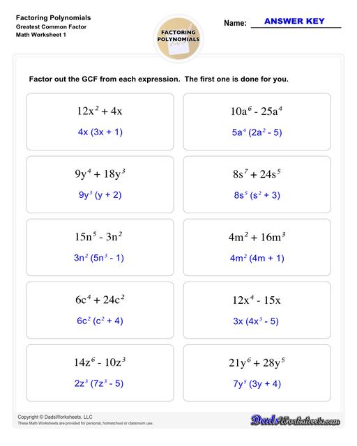 Factoring polynomials using greatest common factor, grouping, binomial factoring and more! Includes specific practice for both quadratic and linear expressions.  Factoring Polynomials Greatest Common Factor V1