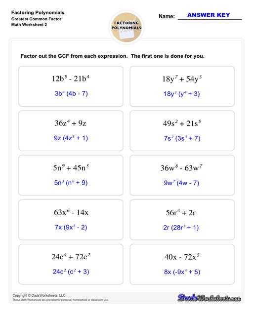 Factoring polynomials using greatest common factor, grouping, binomial factoring and more! Includes specific practice for both quadratic and linear expressions.  Factoring Polynomials Greatest Common Factor V2